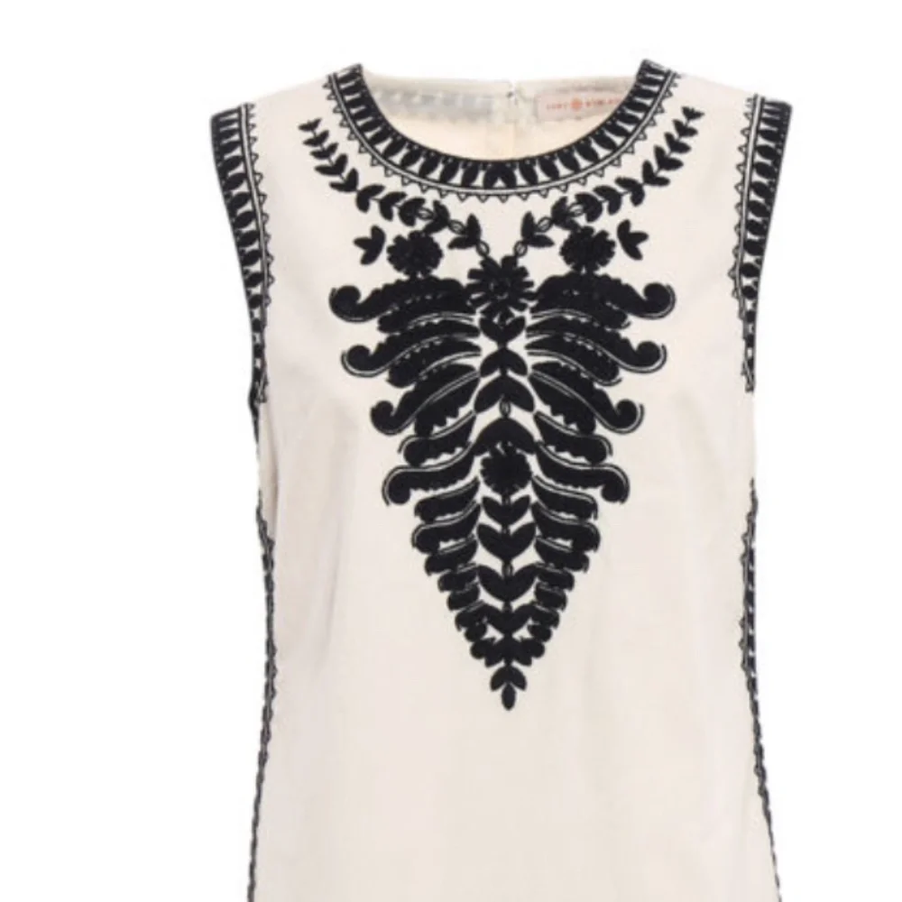 Tory Burch Ivory Sleeveless Shift Dress with Black Embroidered Trim